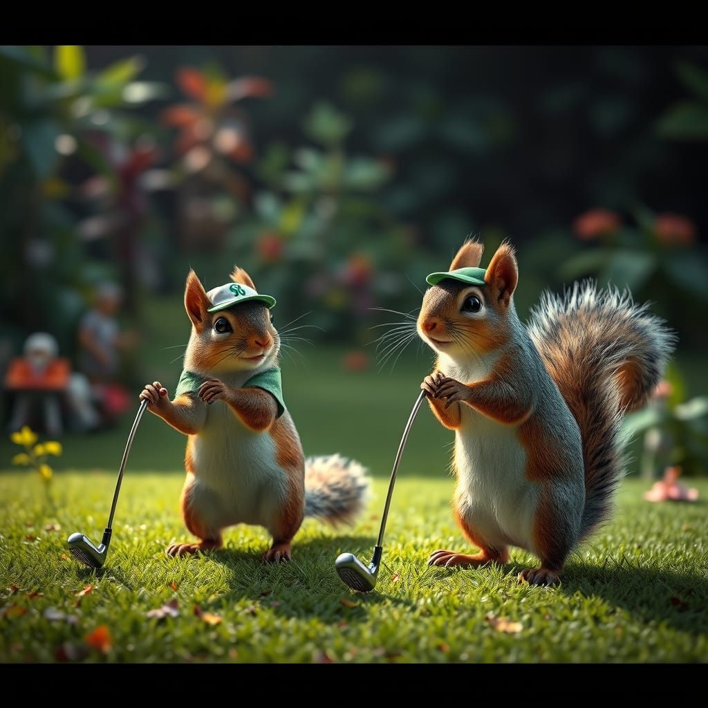 Squirrel Golfers on Lush Green Course in Hyperrealism