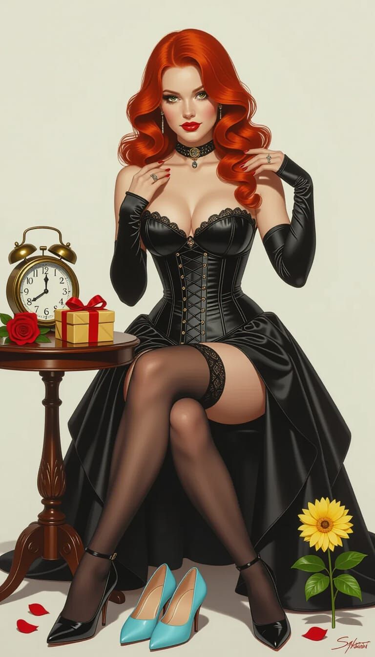 Striking Redhead Portrait with Gifts and Flowers