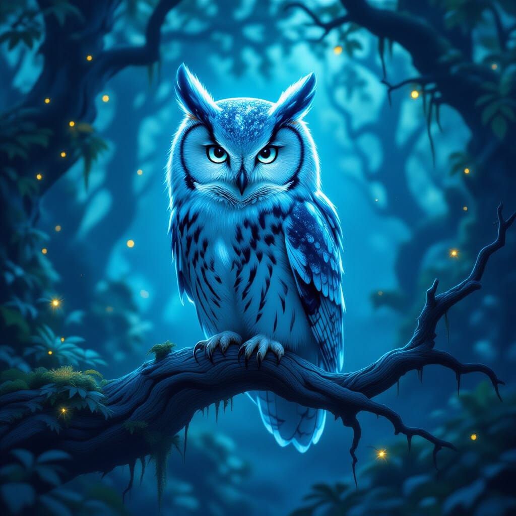 Majestic Owl Perched in Glowing Fantasy Forest