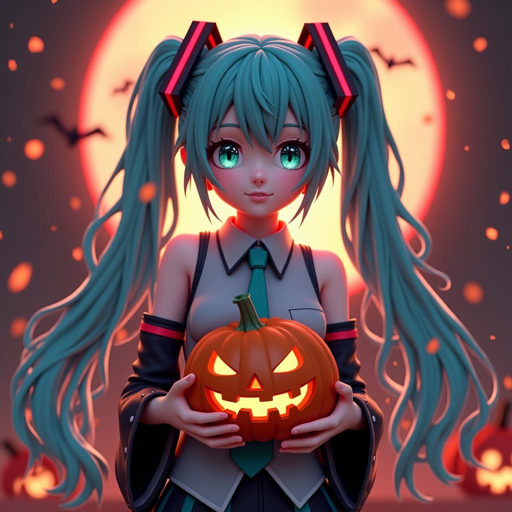 Miku Hatsune in a Dark 3D Anime Halloween Scene with Bold Sy...