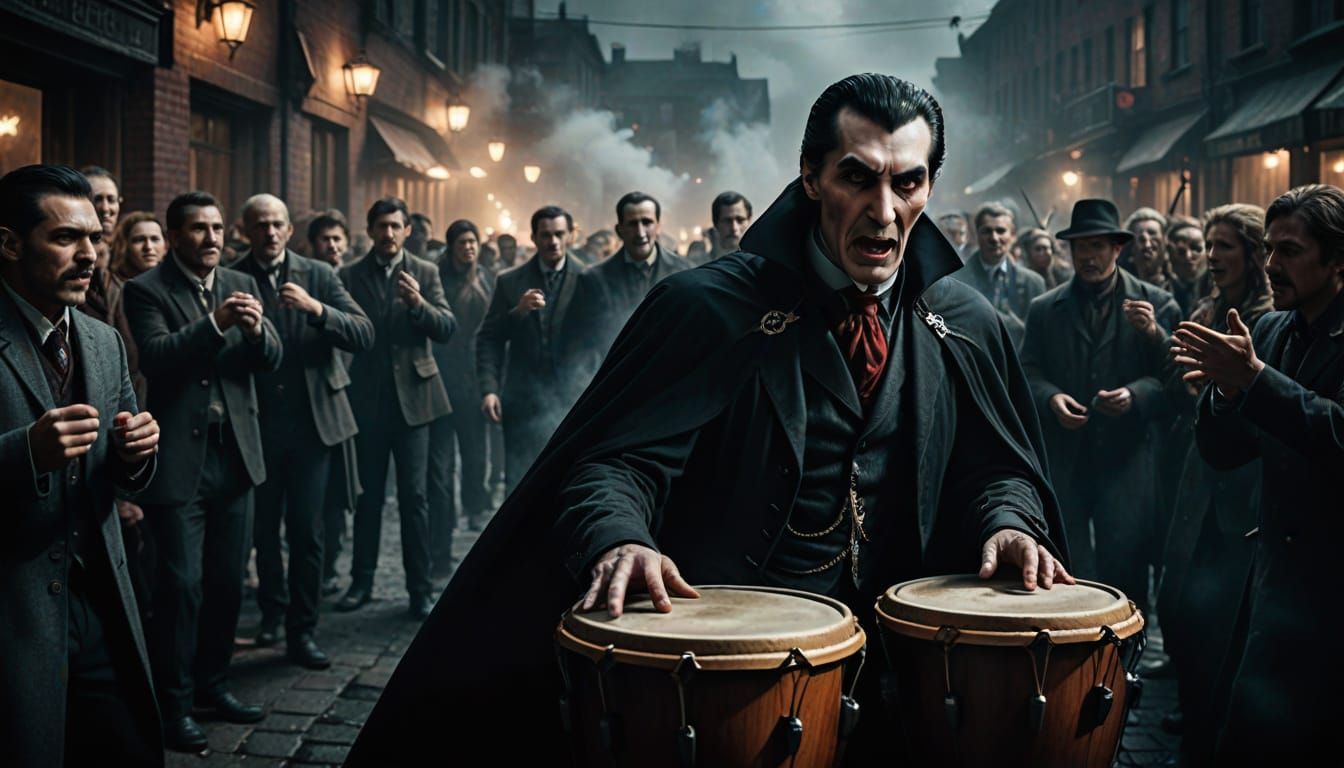 Cinematic Portrait of Count Dracula on Bongo Drums