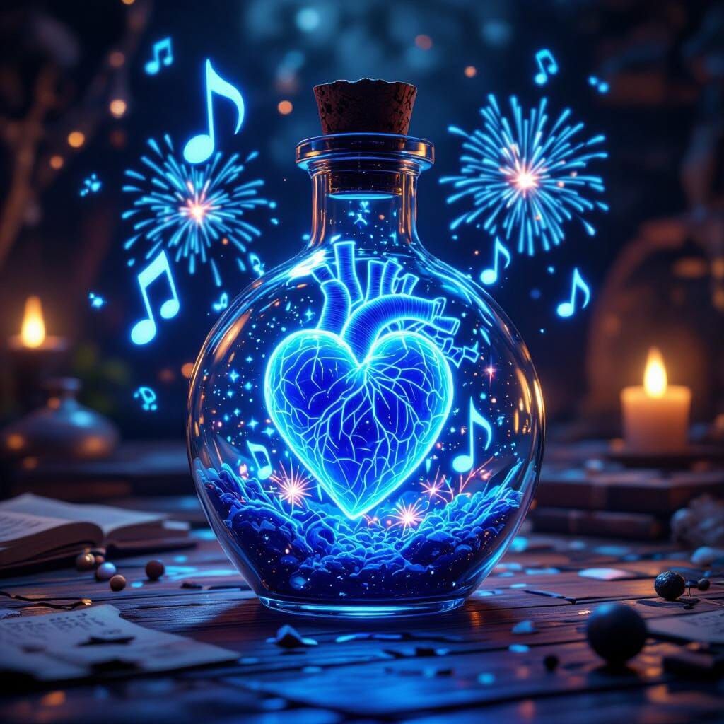 Glowing Neon Heart Potion in Mystical Firework Display