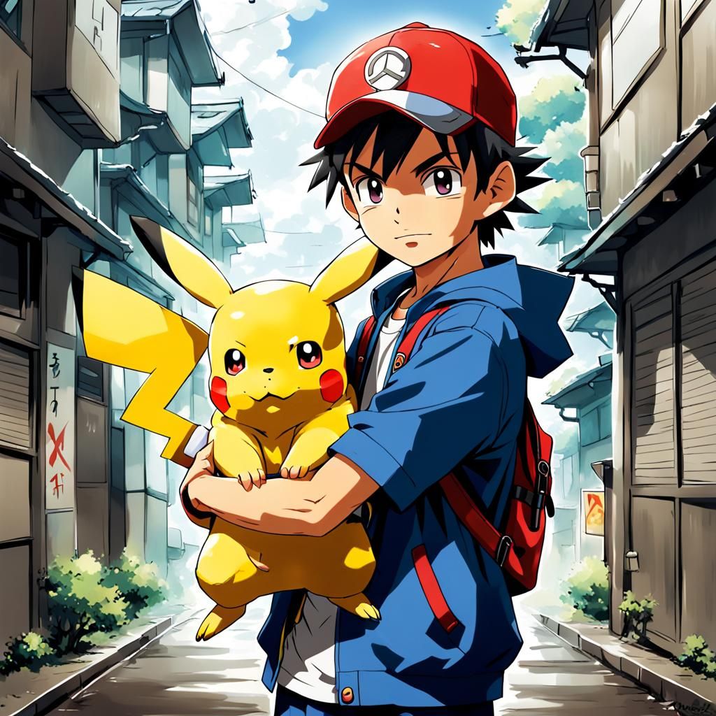 Ash Ketchum Holds Pikachu in His Arms - Anime Art
