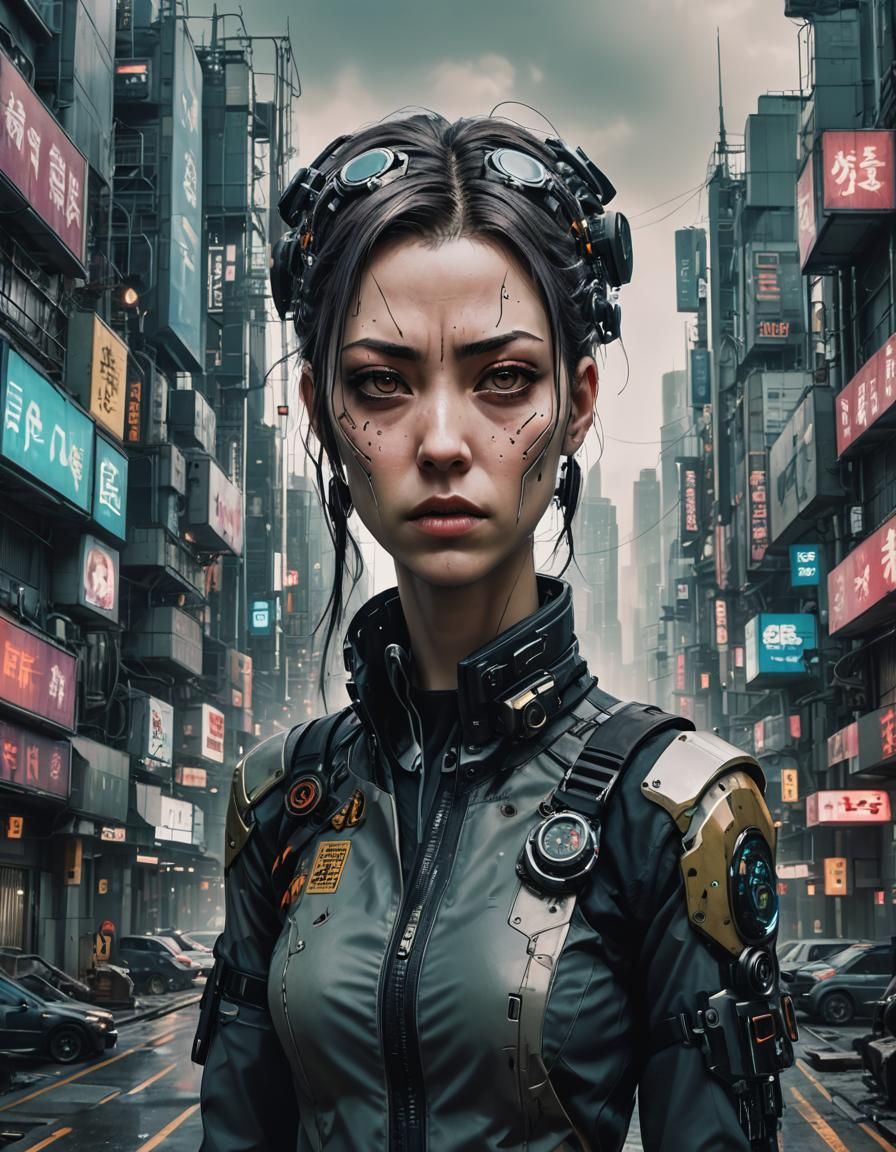 Enigmatic Cyberpunk Goddess with Stormy Eyes