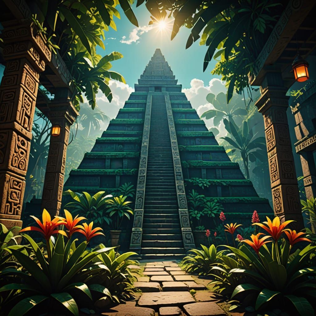 Ethereal Aztec Pyramid in Cinematic Anime Style