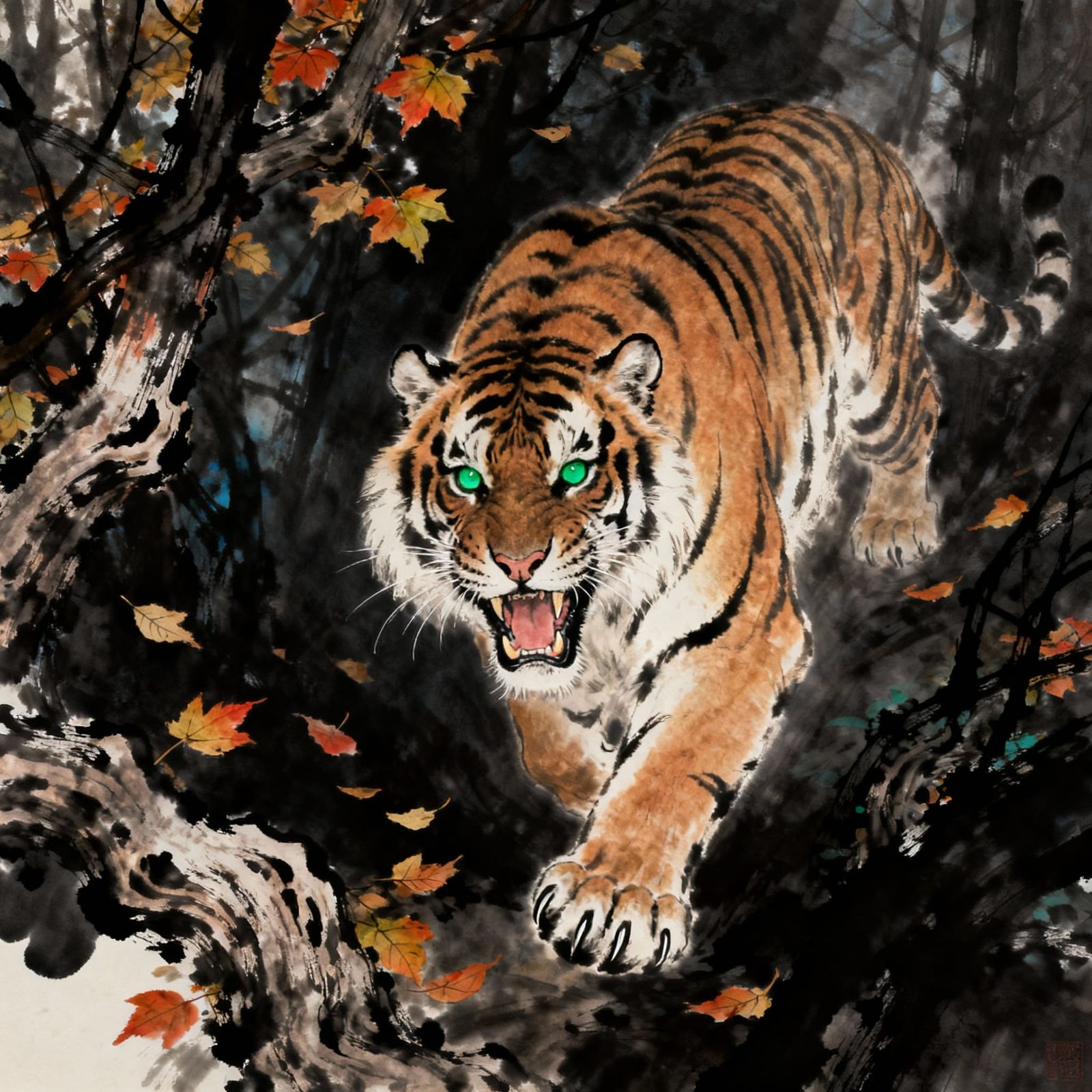 Fierce Tiger Lunging in Dark Forest, Asian Ink Painting Styl...