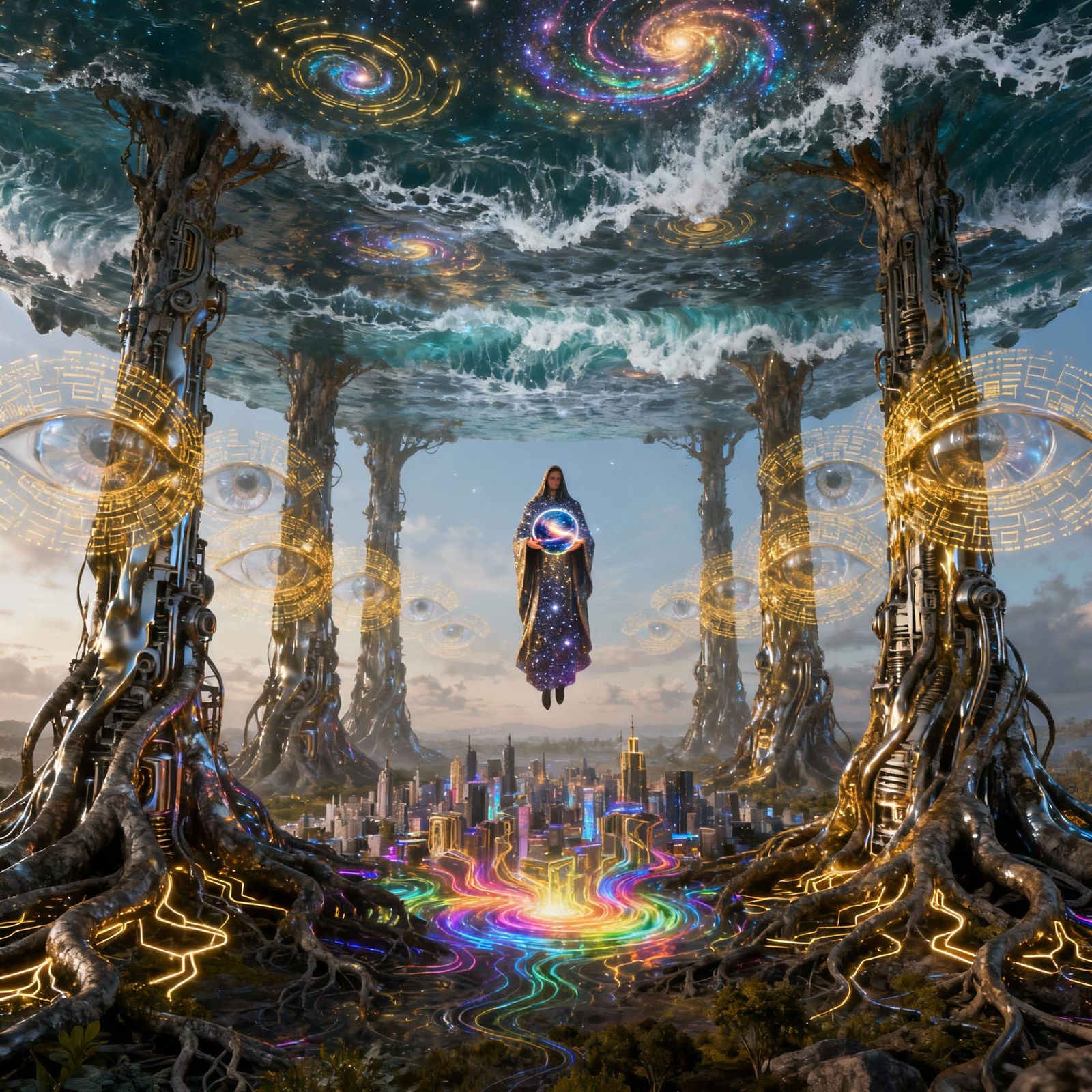 Upside-Down Ocean in Sky, Reflecting Neon Galaxies