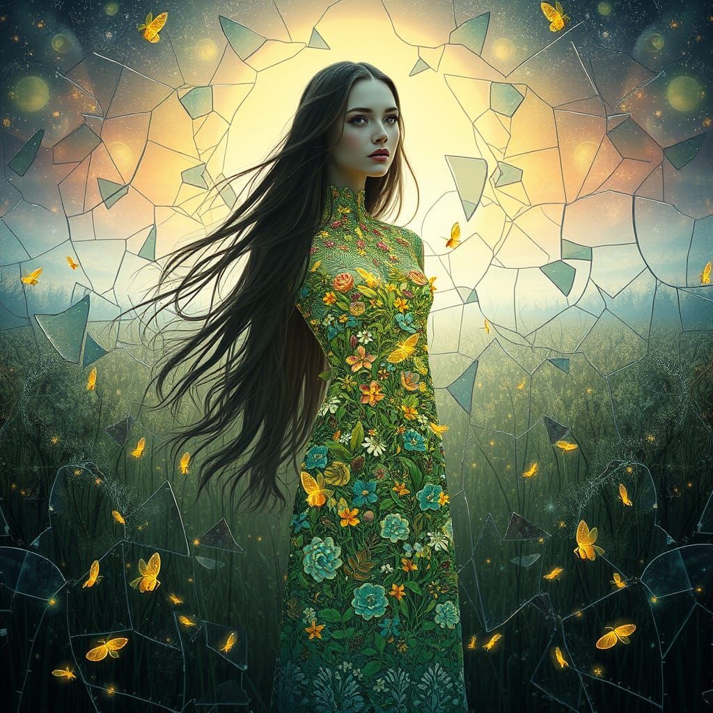 Dreamlike Woman in Shattered Mirror Field