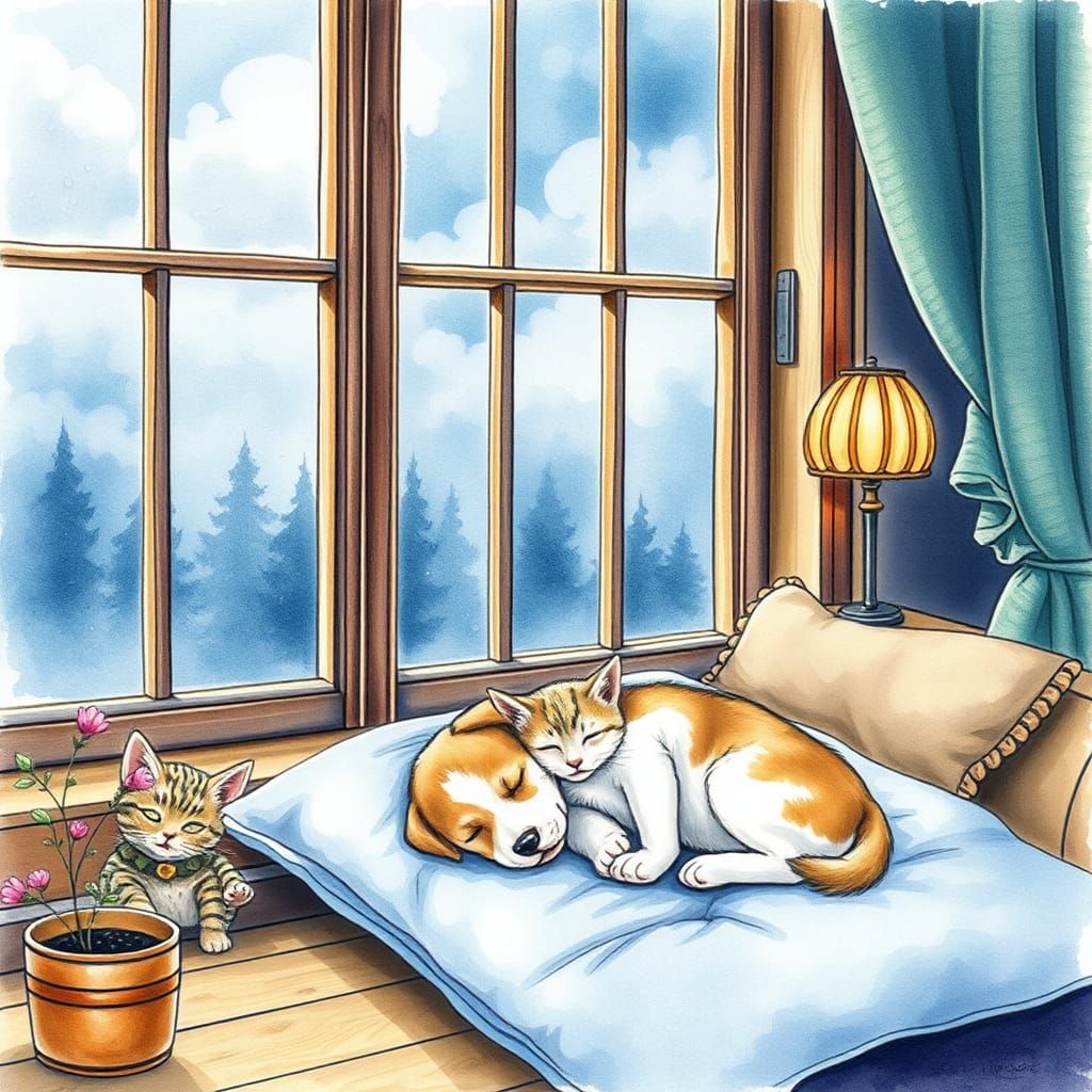 Cozy Window Nook with Sleeping Puppies and Kitten