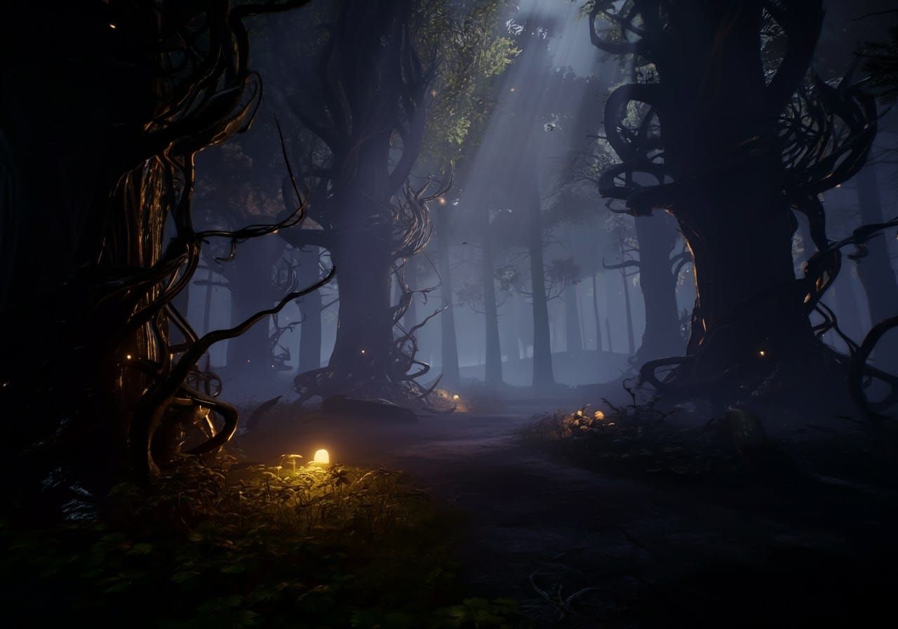 Ethereal Dark Fantasy Forest Glade in Cyberpunk Art Nouveau....
