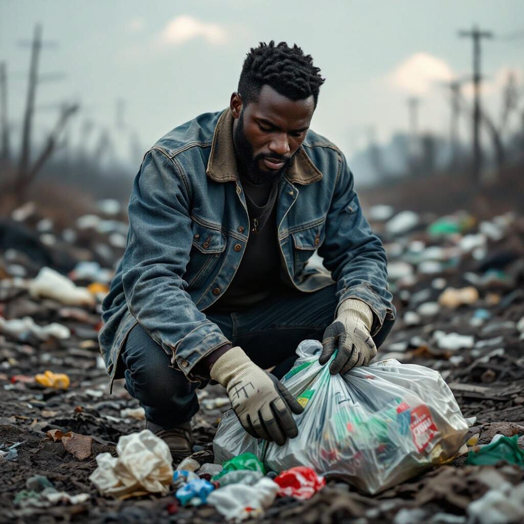 Hyperrealistic Image of Man Cleaning Polluted Landscape