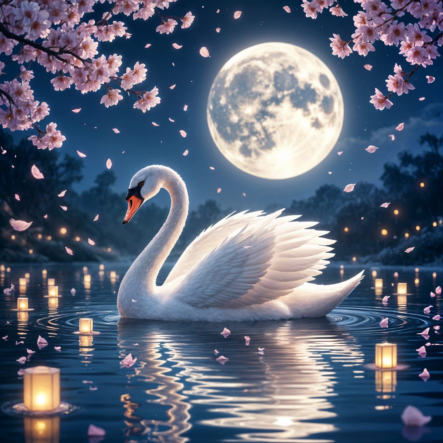 Ethereal Light Swan on Crystal Lake with Floating Lanterns
