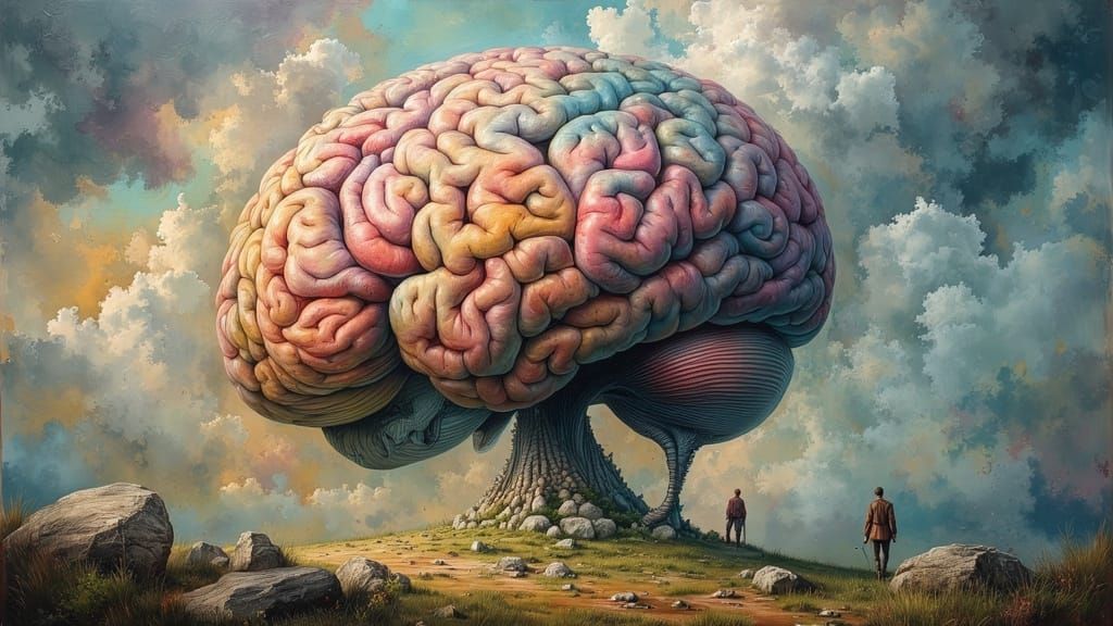 Giant Brain Floating Amidst Fantasy Realms in Oil Paint Styl...
