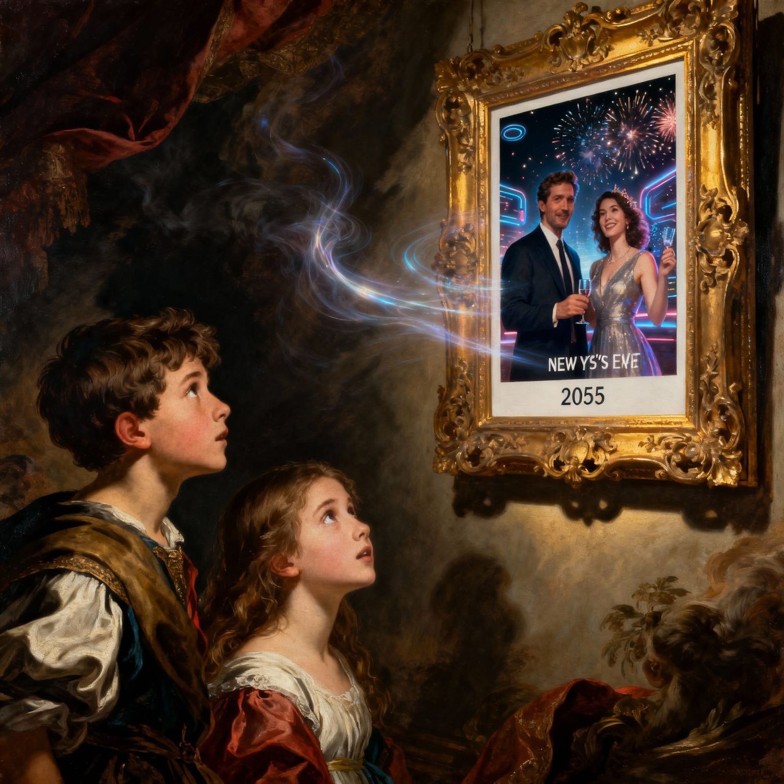 Baroque Painting of Children Gazing at Future New Year's Eve