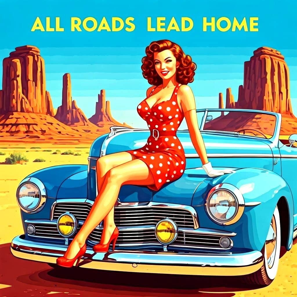 Vintage Pin-Up Girl Smiles in Desert Oasis