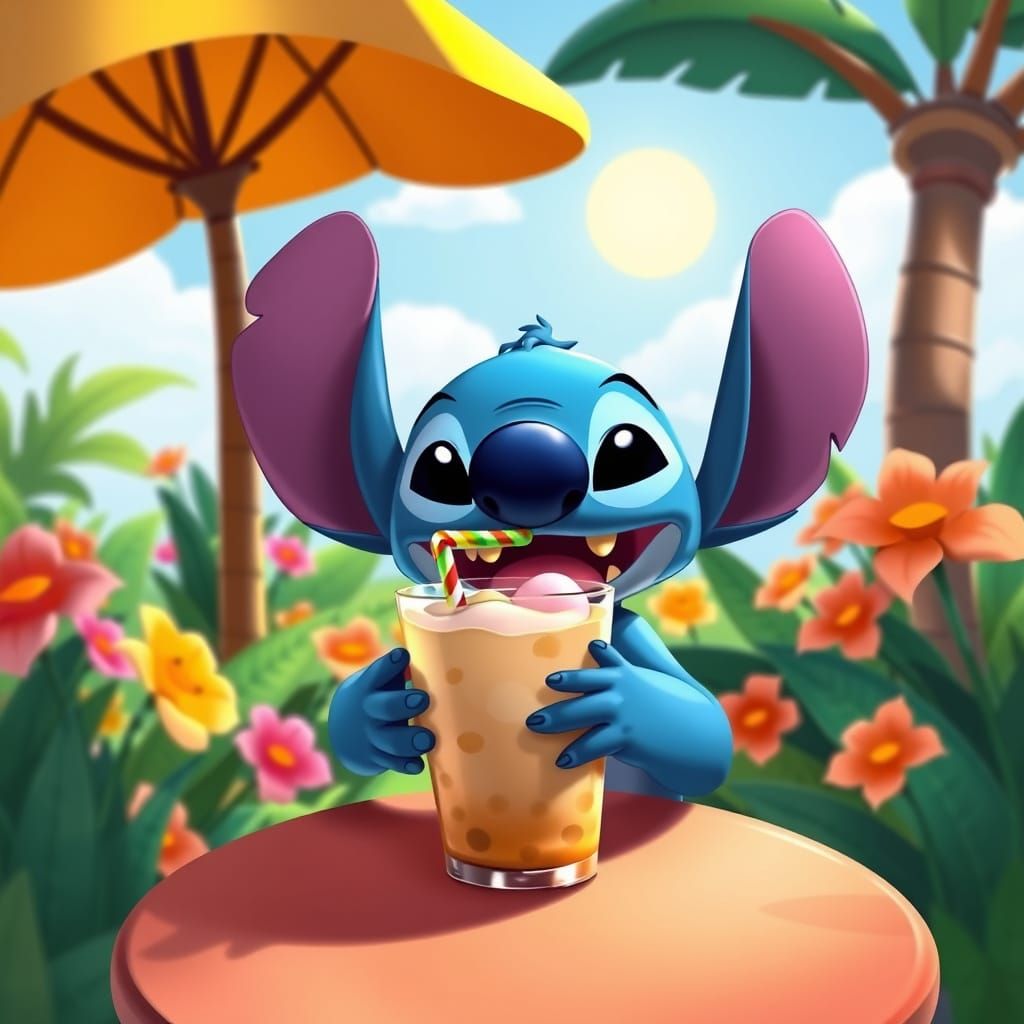 Stitch Enjoys Boba Tea at Tropical Cafe