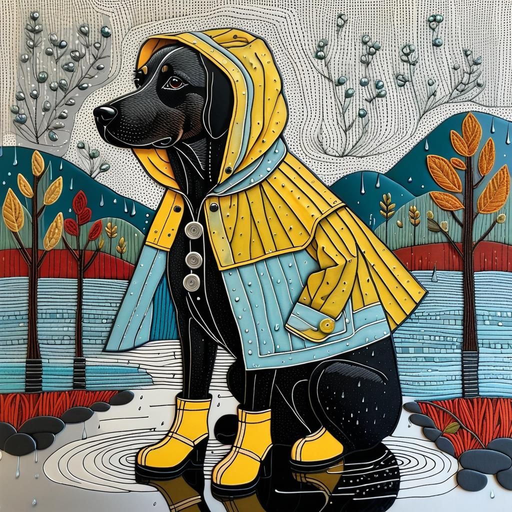 Whimsical Rainy Day Scene with Textile Art Details