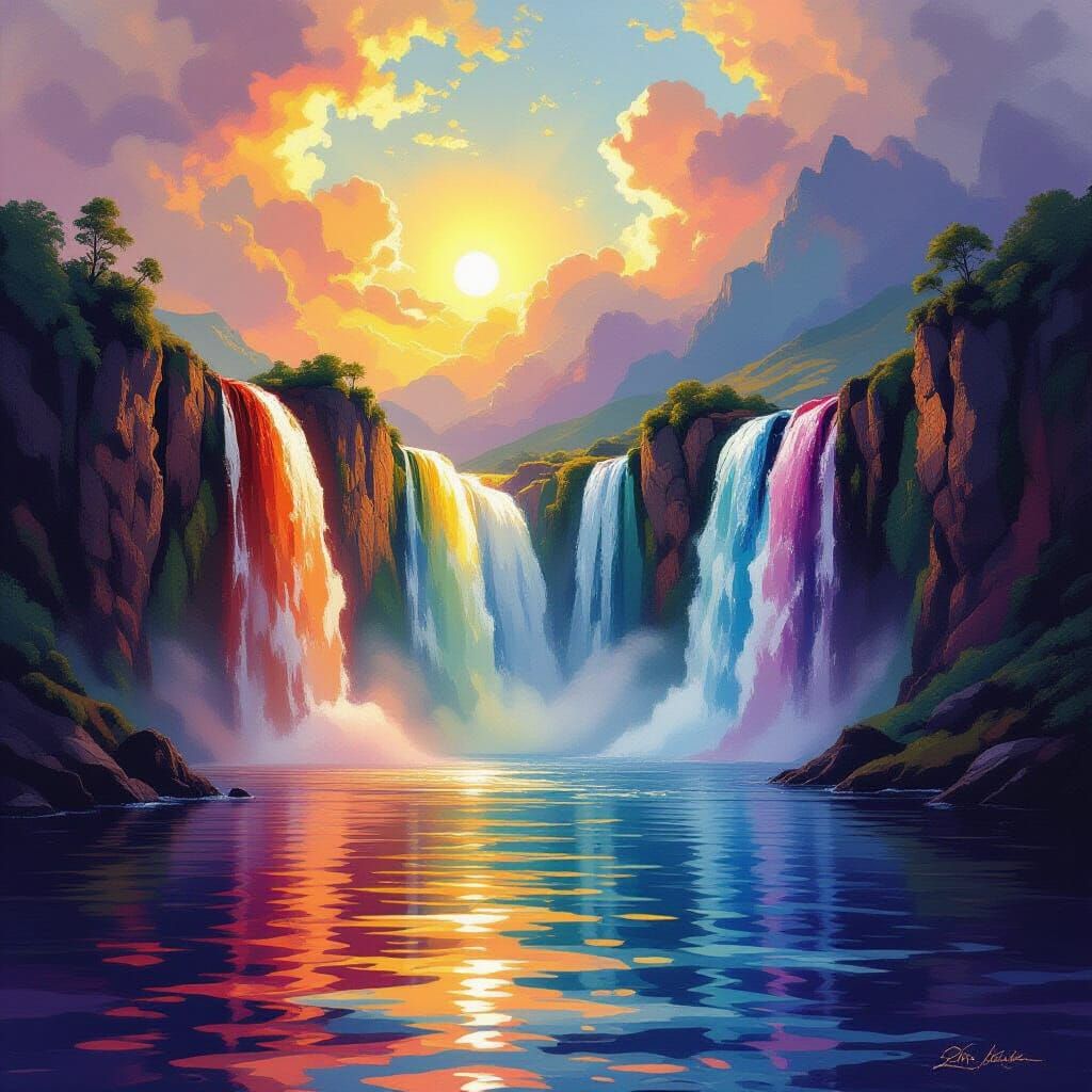 Vibrant Rainbow Waterfalls Descend Cliff Into Reflecting Lak...