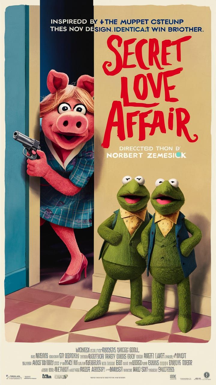 Whimsical Movie Poster: Piggy Sneaks Up on Kermit's Twin