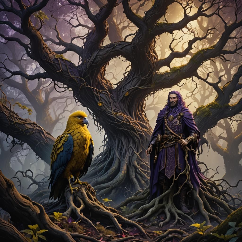Dark Fantasy Masterpiece: Big Bird and Elf Amidst Twisted Ro...