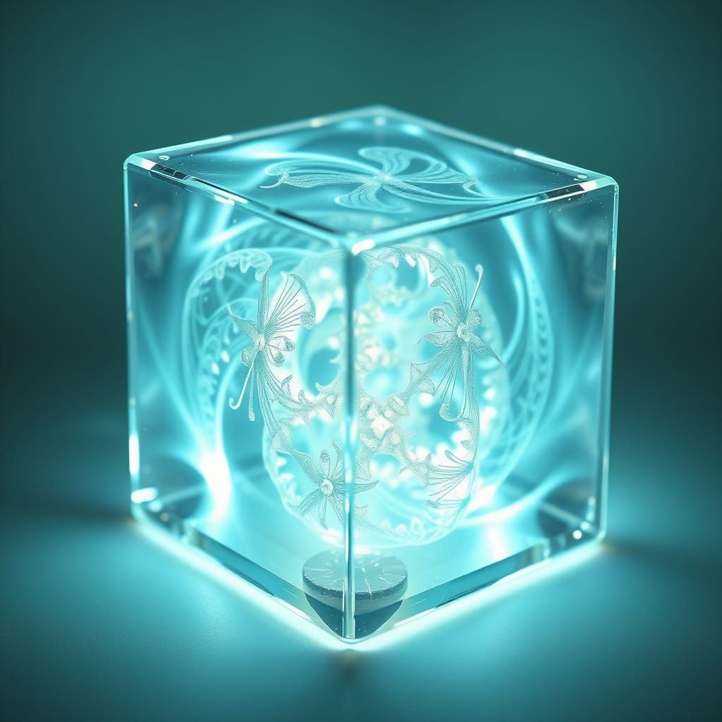Bioluminescent Fractal Cube in Glowing, 3D-Shaded Crystal Sh...