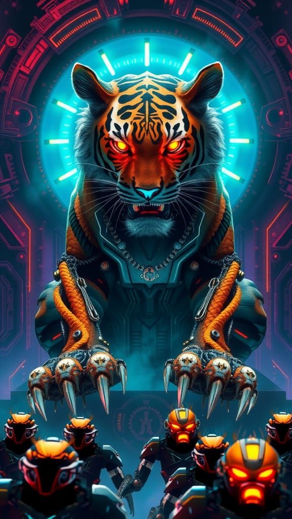 Cyberpunk Tiger AI Overlord in Neon-Lit Throne