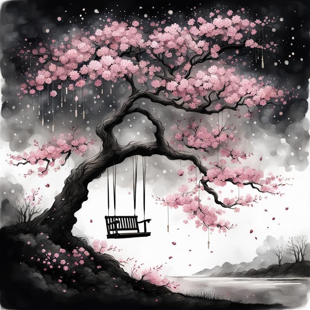 Mystical Cherry Blossom Night Scene in Ink Painting