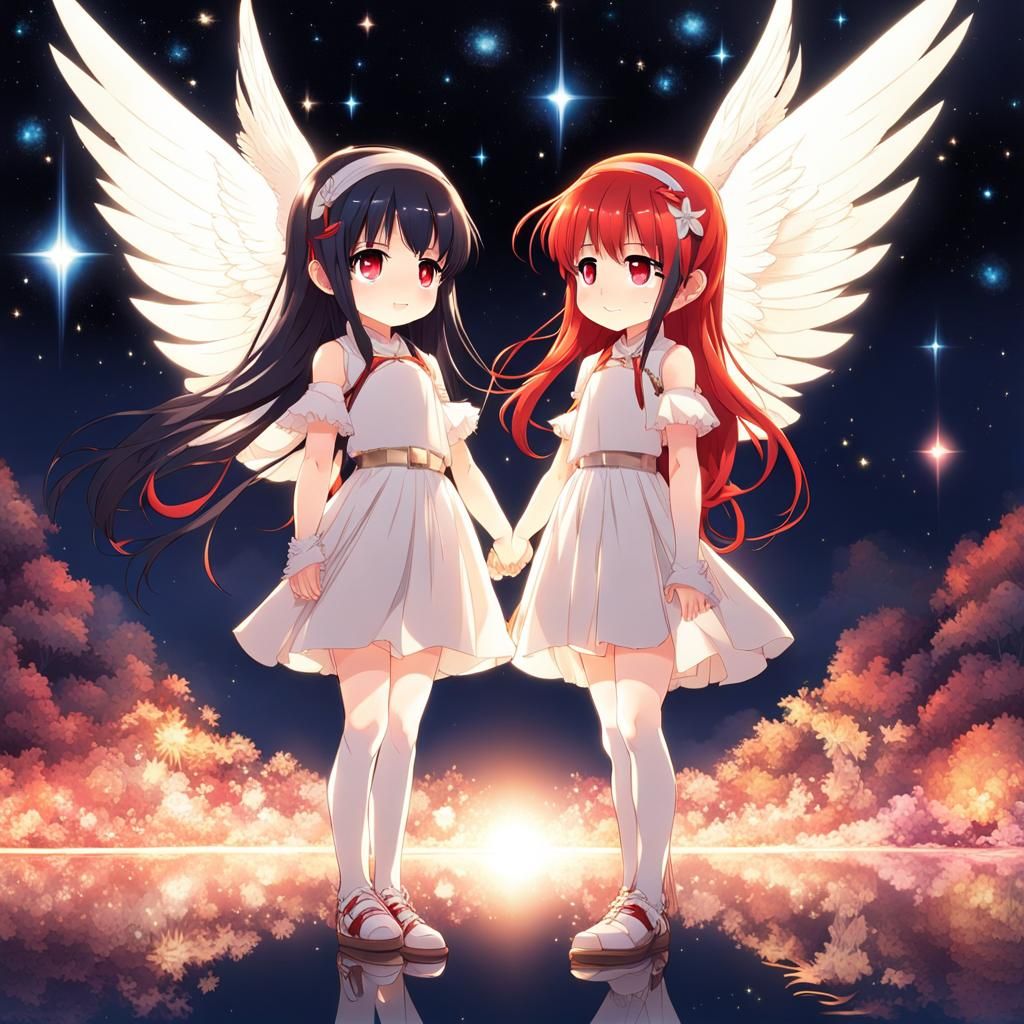 Chibi Angel Girls Under Starry Skies