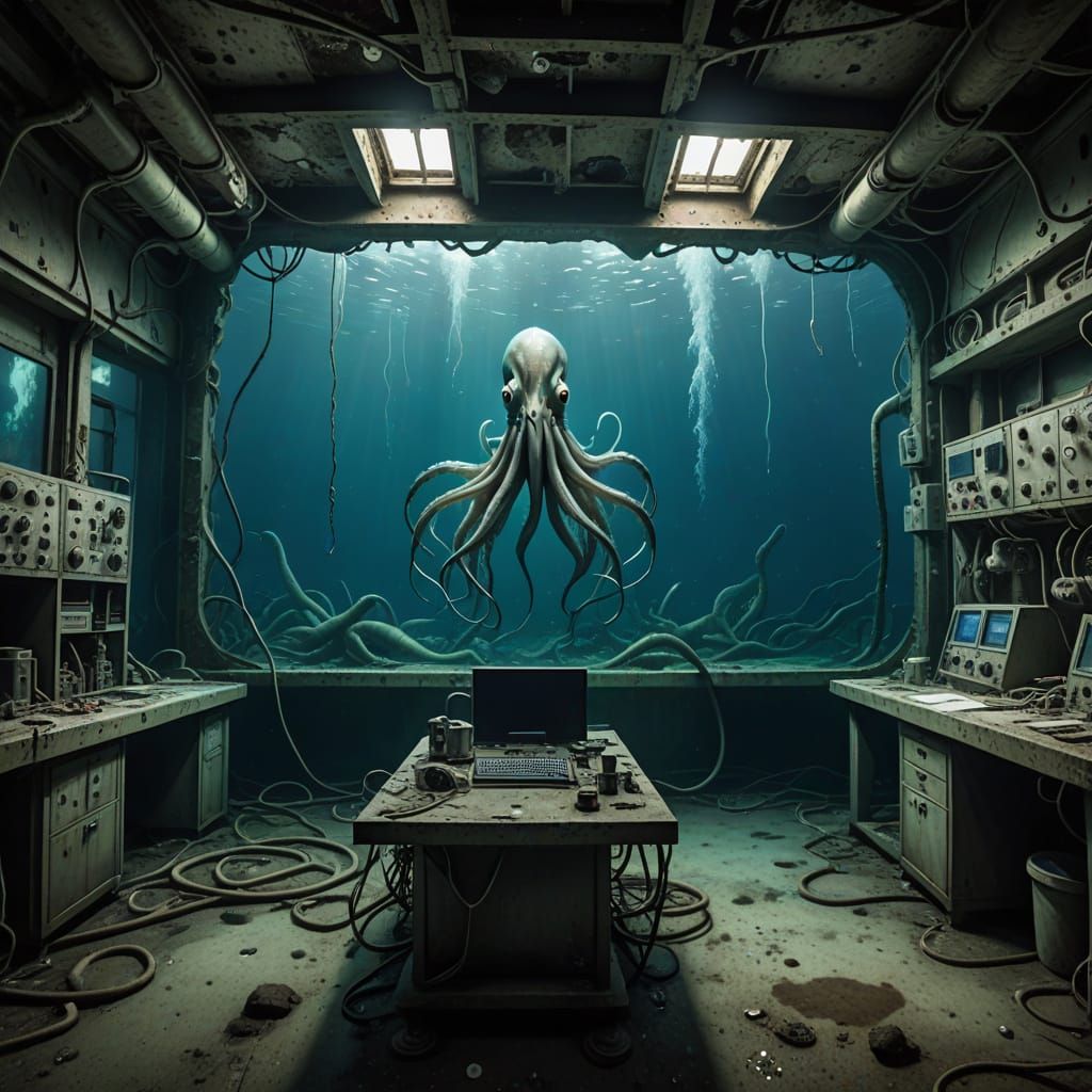 Giant Squid in Abandoned Underwater Lab