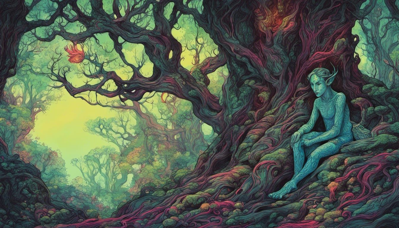 Ethereal Elf Contemplates Ancient Forest in Vibrant Dark Fan...
