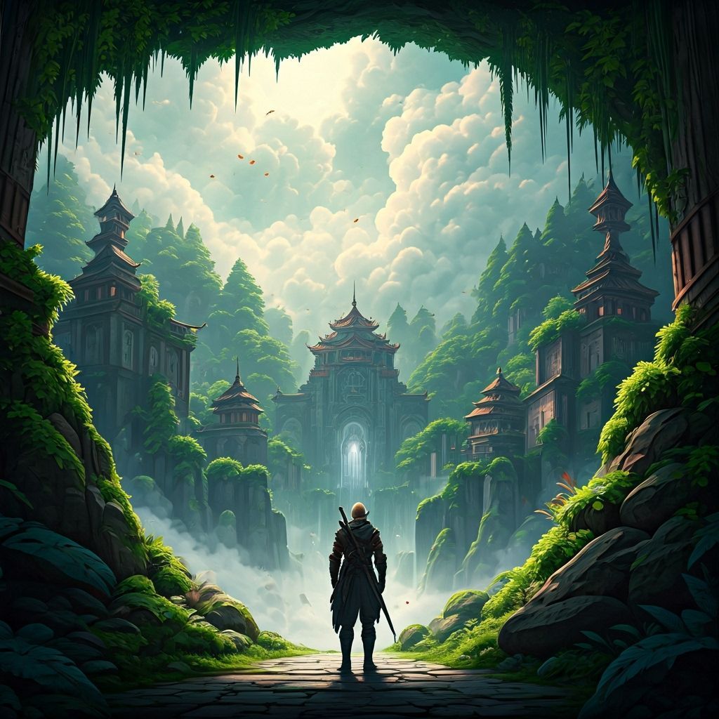 Heroic Figure in Vibrant Fantasy World