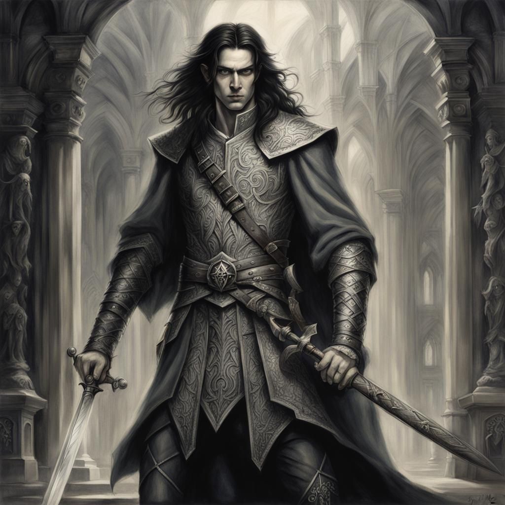 Handsome Elf in Grey, Clad with Jeweled Sword and Leather Be...