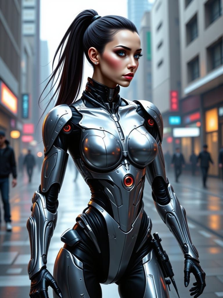 Cybernetic Warrior Woman in Chrome Armor