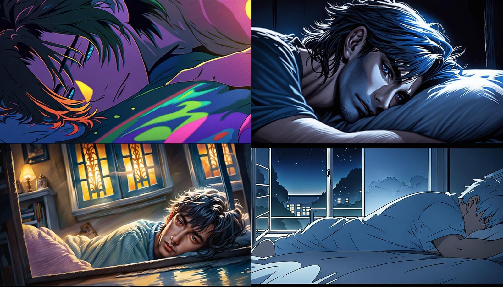 Anime Guy Basks in Moonlit Bedroom Serenity