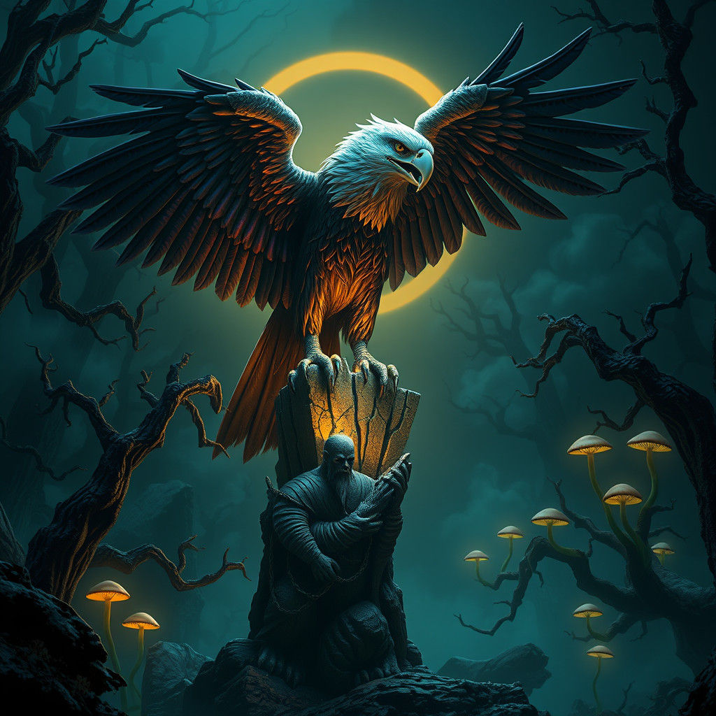 Eerie Eagle in Mysterious Dark Forest