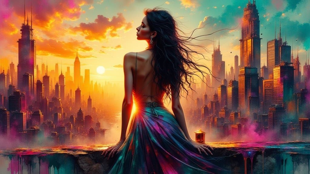 Sunset Pinup Girl: Abstract Dark Art Portrait