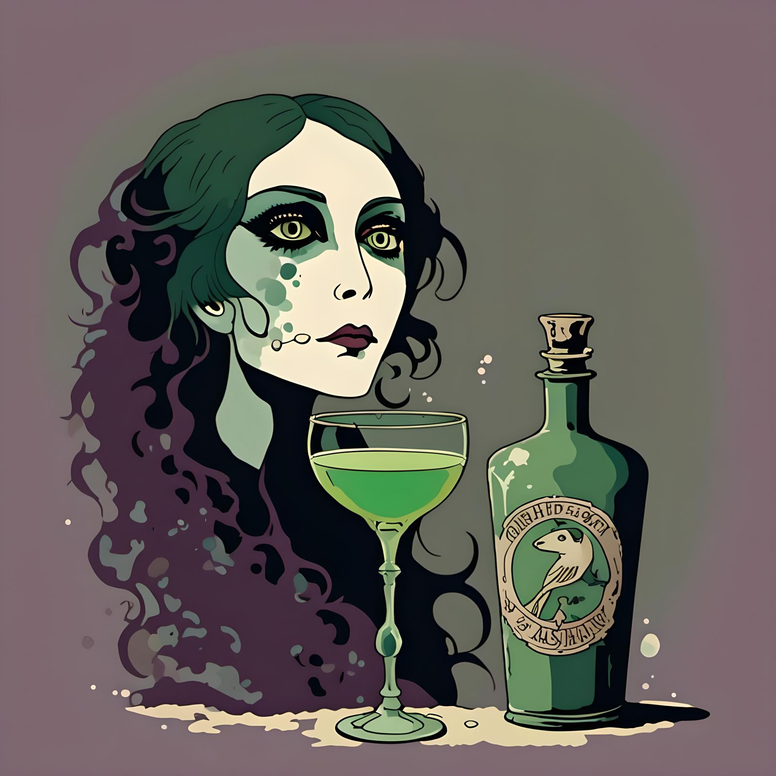 Ethereal Gothic Vampiric Woman Sips Absinthe in a Dark, Myst...