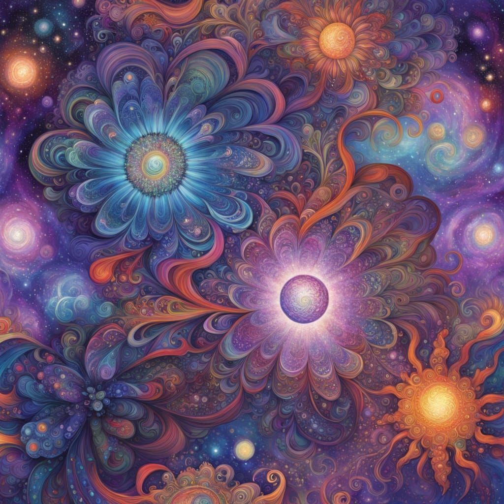 Cosmic Dogwood and Lilac Blossoms in Vibrant Celestial Art