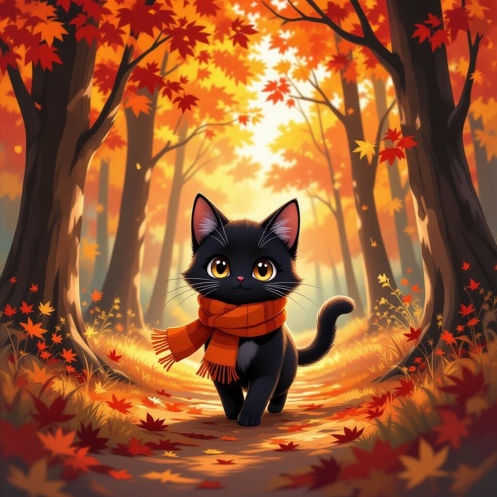 Cute Anime Cat in Majestic Autumn Forest