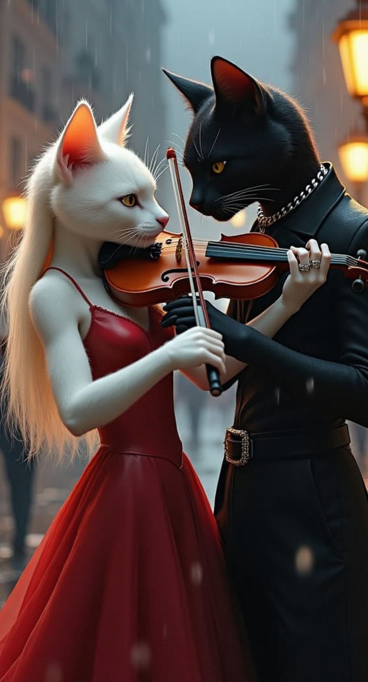 Cats' Rainy Night Duet: A Photorealistic Scene