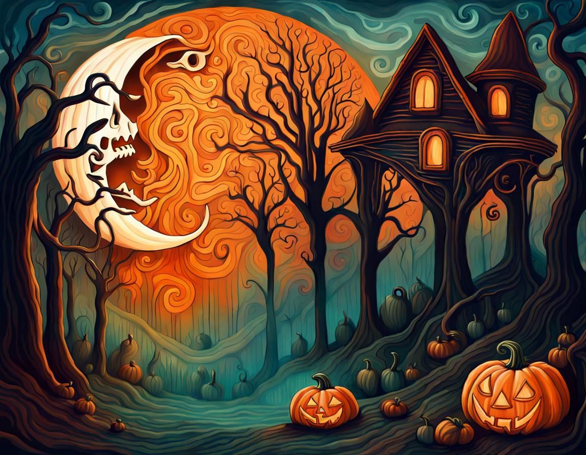 Whimsical Jack-o'-Lantern Village in Vibrant Oil Painting