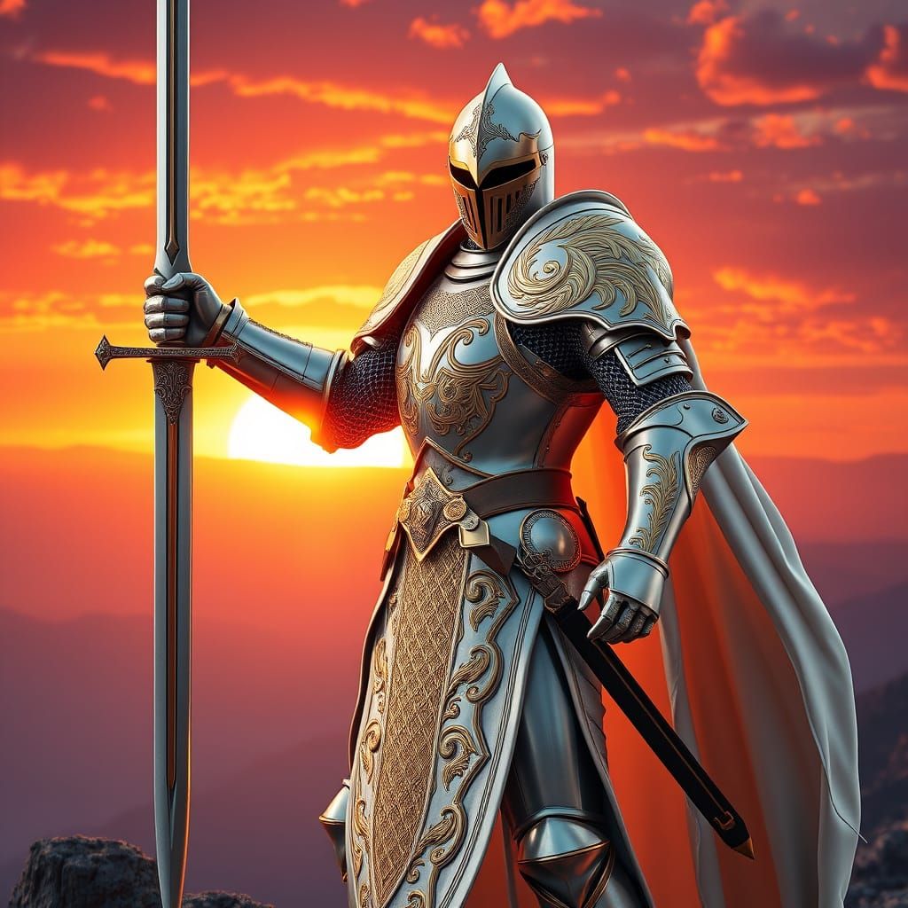 Majestic Knight in Shining White Armor at Sunrise