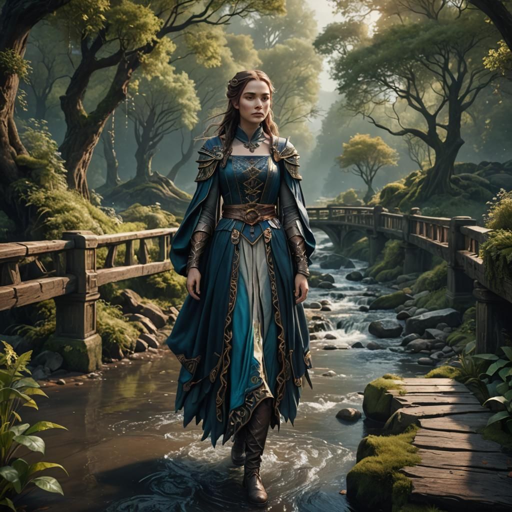 Sisters Standing on a Fantastical Bridge Amidst a Sparkling....