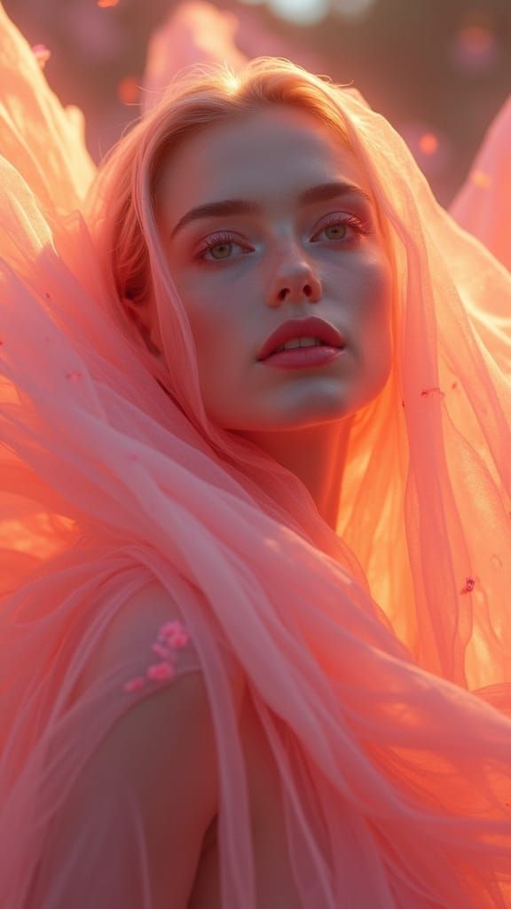 Ethereal Angelic Woman in Flowing Pink Veils