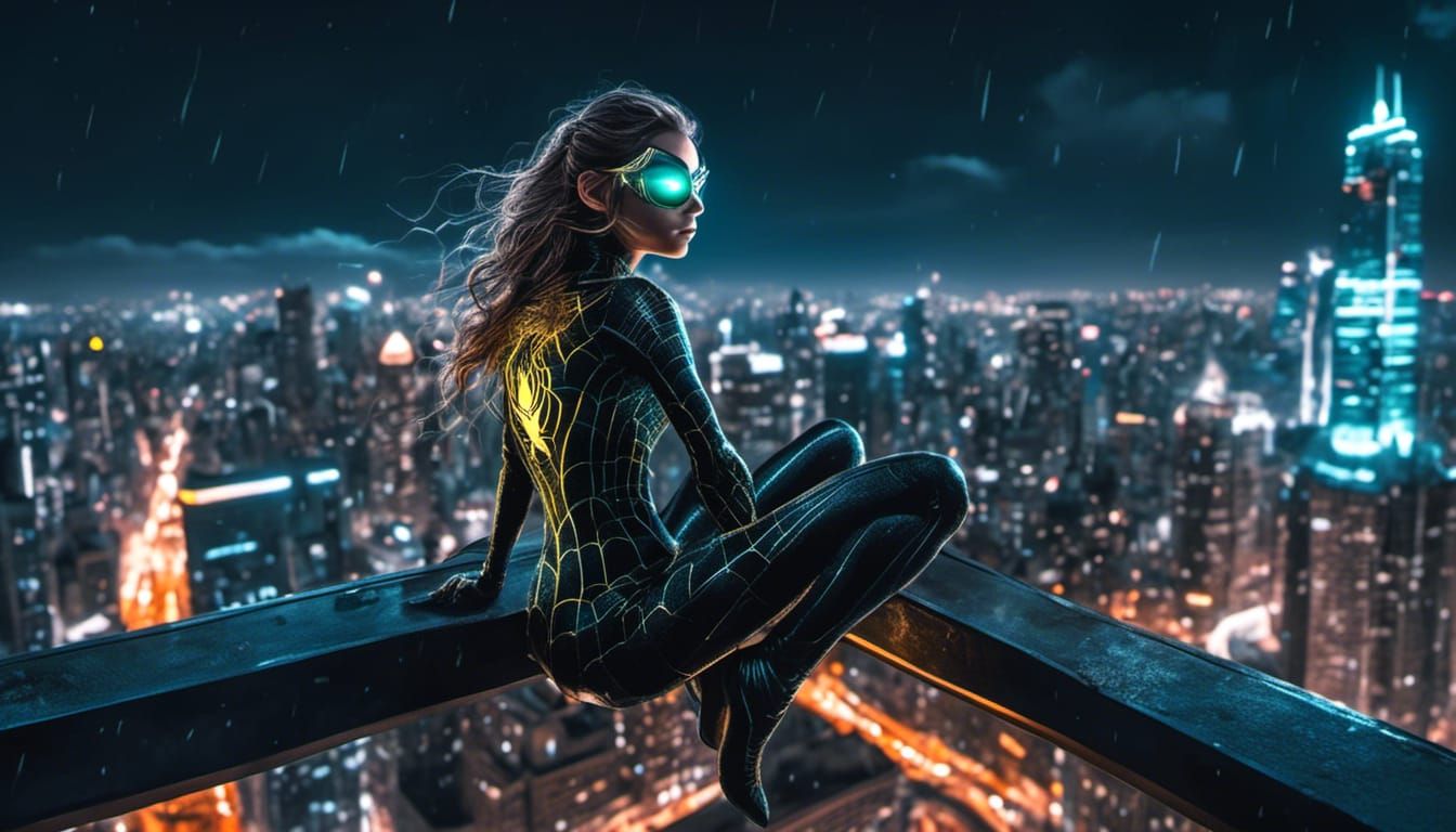 Spidergirl Sits on a Skyscraper at Night in Hyperrealistic S...