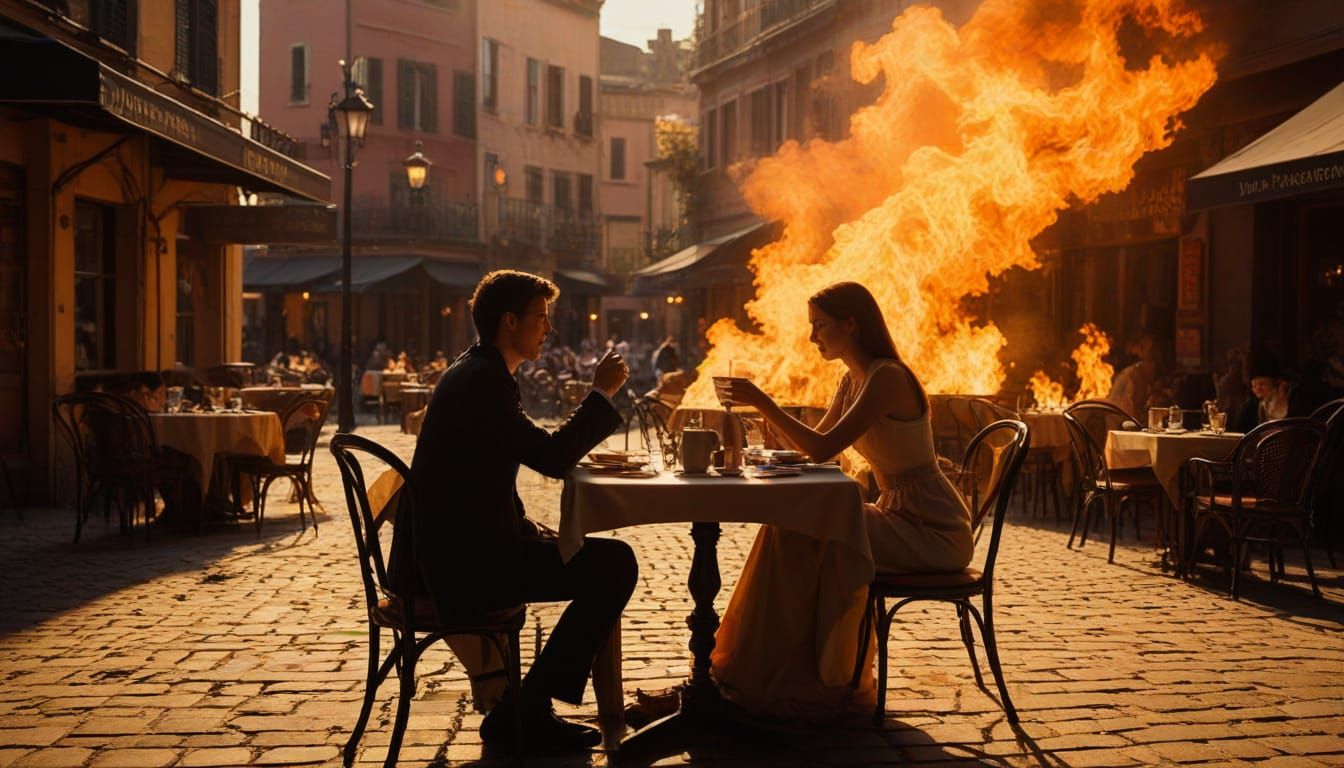 Surreal Couple Finds Serenity Amidst City Inferno in Vibrant...