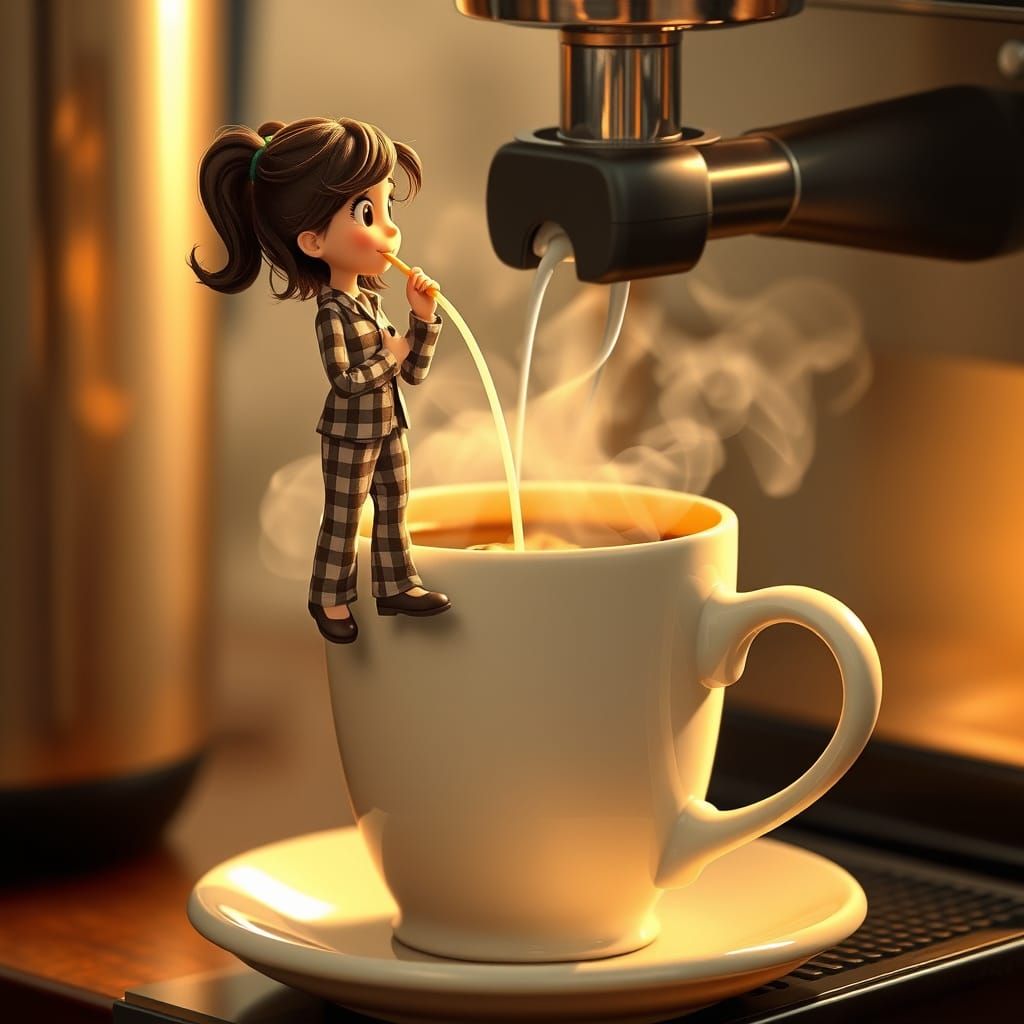 Woman Drinks Espresso: Pixar-Style 3D Rendering