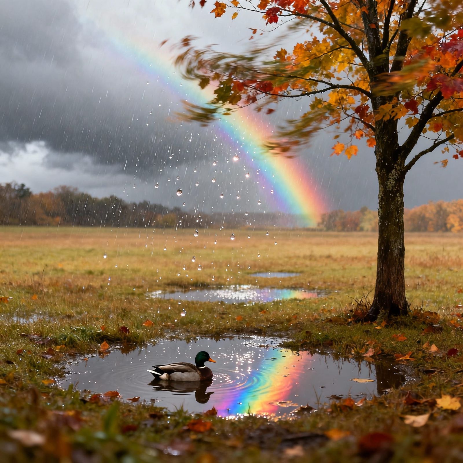 Autumn Meadow Rainbow After Gentle Rain