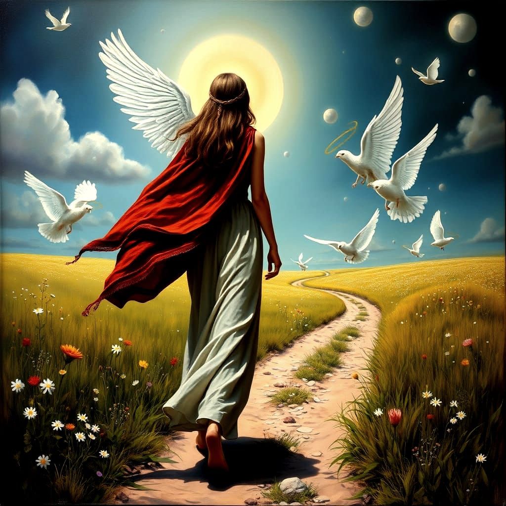 A Young Woman Surrounded by Angels in a Surreal Meadow Scene