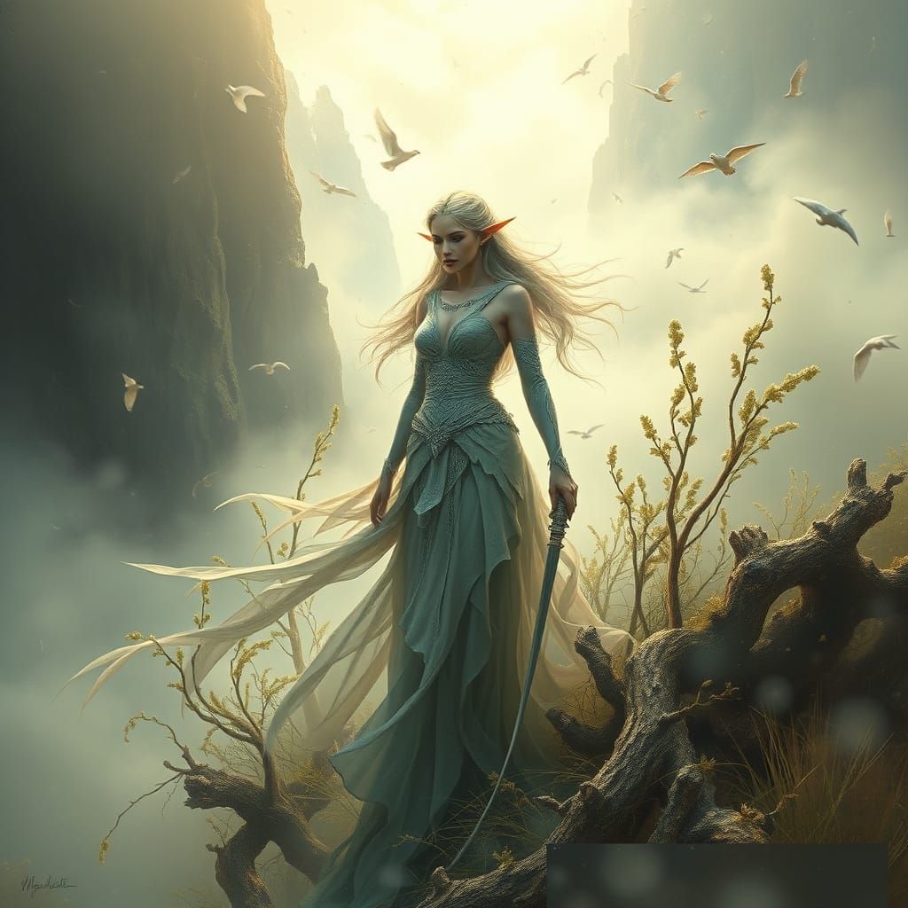 Surreal Fantasy Elf Maiden Amidst Whirlwind Elements